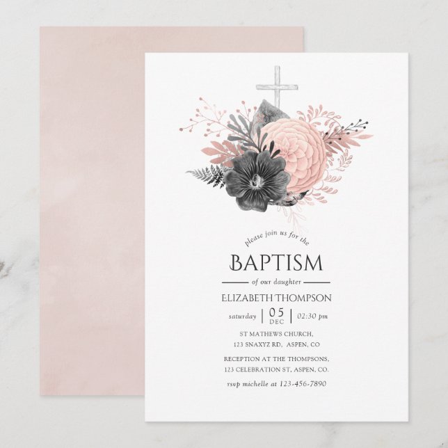 Invitación Pastel Rubor Bautismo floral Rosa y Carbón (Anverso / Reverso)