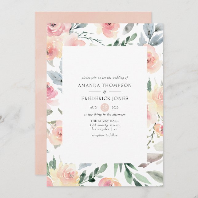 Invitación Pastel Rubor Boda Floral Rosa (Anverso / Reverso)