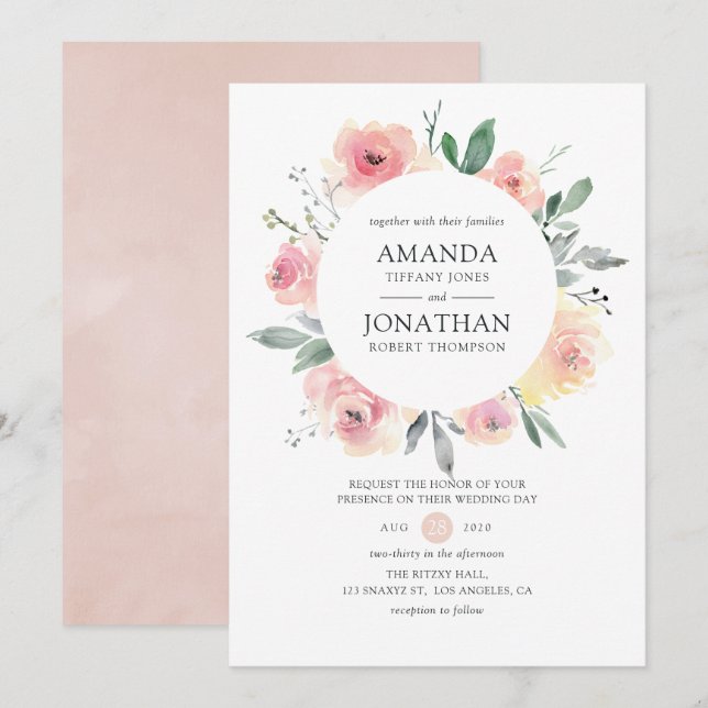 Invitación Pastel Rubor Boda Floral Rosa (Anverso / Reverso)