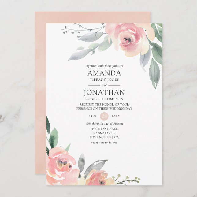 Invitación Pastel Rubor Boda Floral Rosa (Anverso / Reverso)