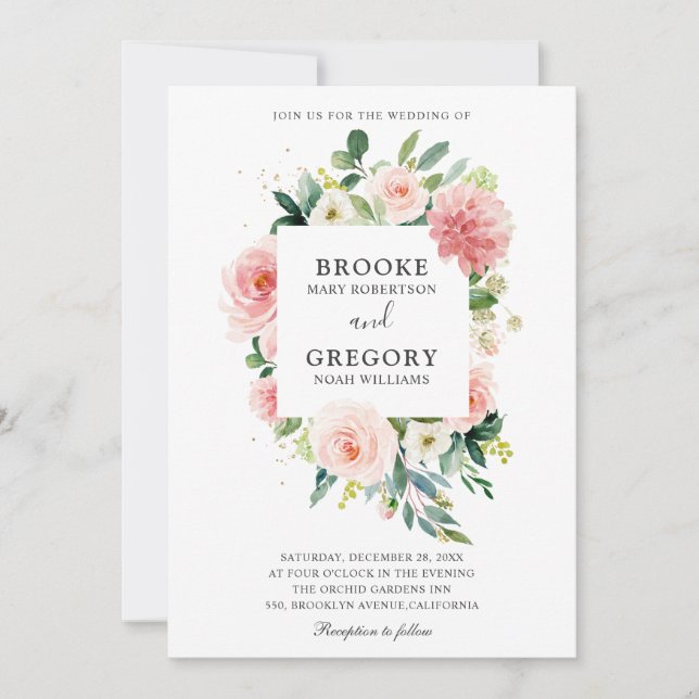 Invitación Pastel Rubor Bonito Boda Botánico Floral Rosa (Anverso)