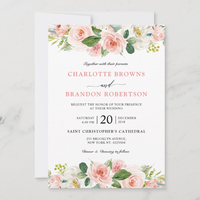 Invitación Pastel Rubor Bonito Boda Botánico Floral Rosa (Anverso)