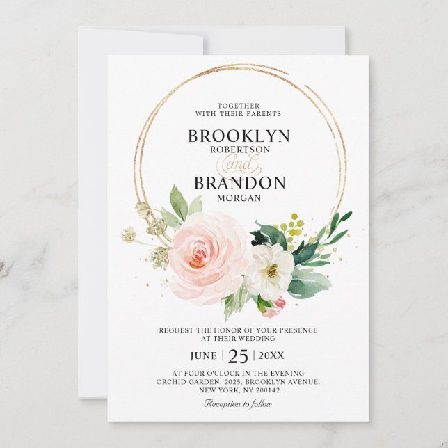 Invitación Pastel Rubor Bonito Boda Botánico Floral Rosa (Anverso)