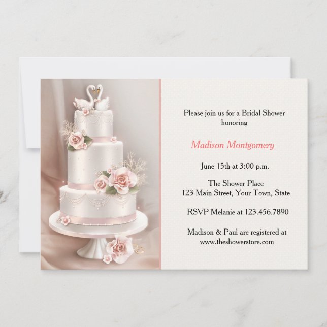 Invitación Pastel Rubor en niveles, Rosas, Cisnes, Ducha nupc (Anverso)