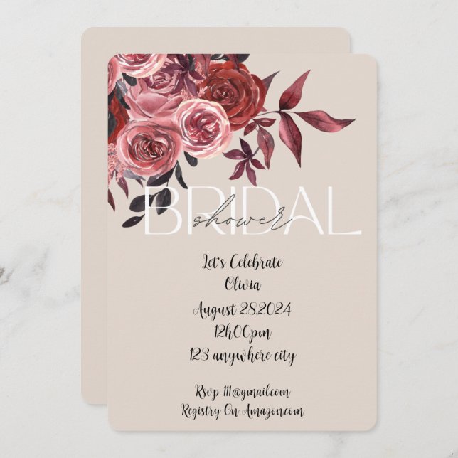 INVITACIÓN PASTEL RUBOR FLORAL BURGUNDY BRIDAL SHOWER (Anverso / Reverso)