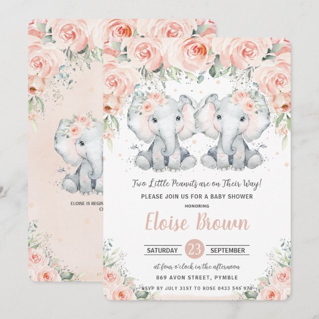 Invitación Pastel Rubor Floral Elephant Twins Baby Shower (Anverso / Reverso)