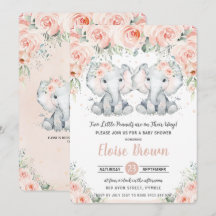 Pastel Rubor Floral Elephant Twins Baby Shower