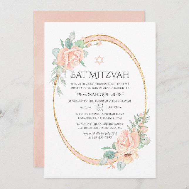 Invitación Pastel Rubor Floral Geometric Bat Mitzvah (Anverso / Reverso)
