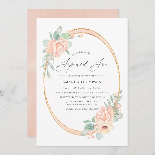 Invitación Pastel Rubor Floral Geometric Sip y Ver (Anverso / Reverso)
