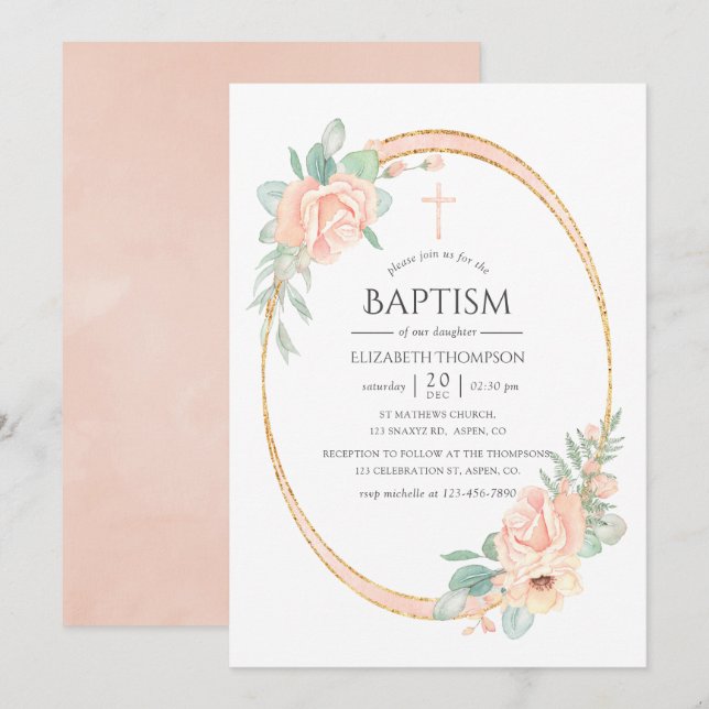 Invitación Pastel Rubor Floral Geométrico Bautismo (Anverso / Reverso)