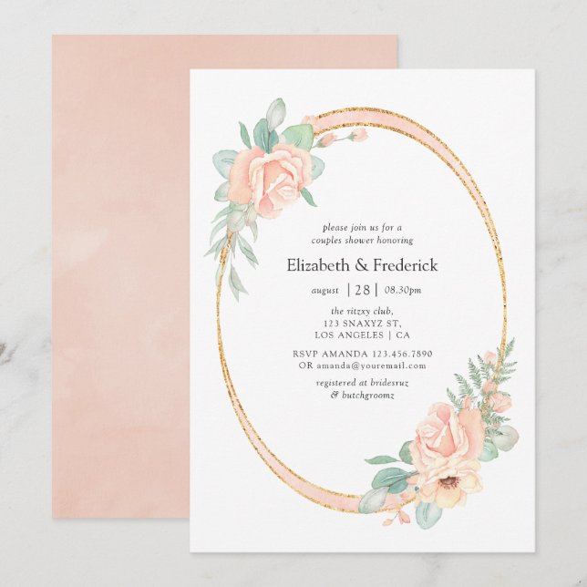 Invitación Pastel Rubor Floral Geométrico Parejas Ducha (Anverso / Reverso)