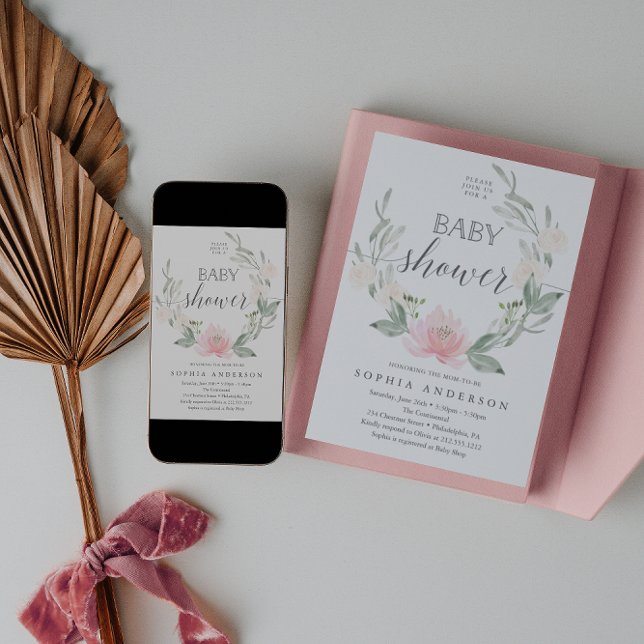 Invitación Pastel Rubor Floral Greenery Baby Shower (Subido por el creador)