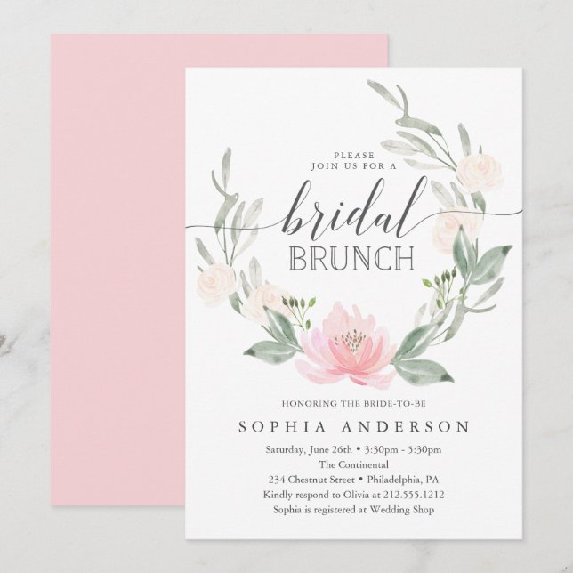 Invitación Pastel Rubor Floral Greenery Bridal Brunch (Anverso / Reverso)