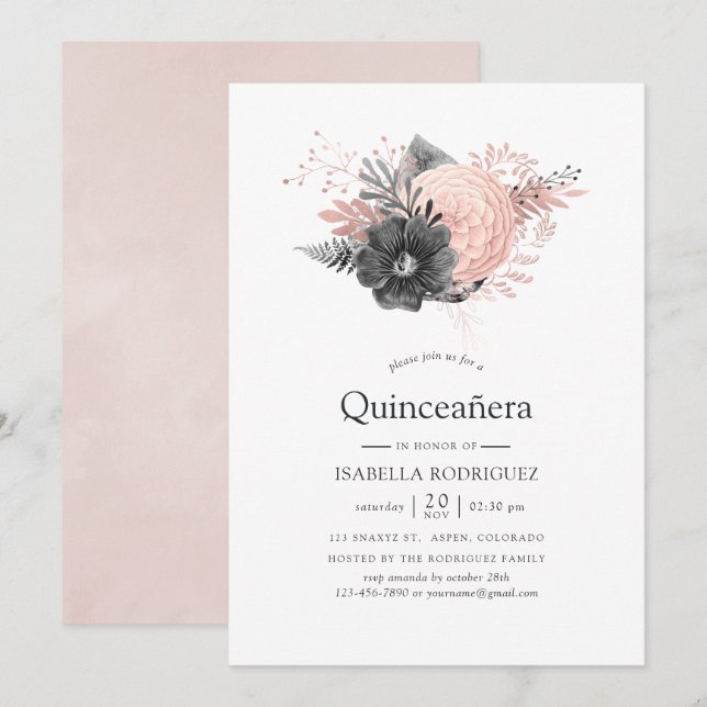 Invitación Pastel Rubor Floral rosa y carbón vegetal Quinceañ (Anverso / Reverso)