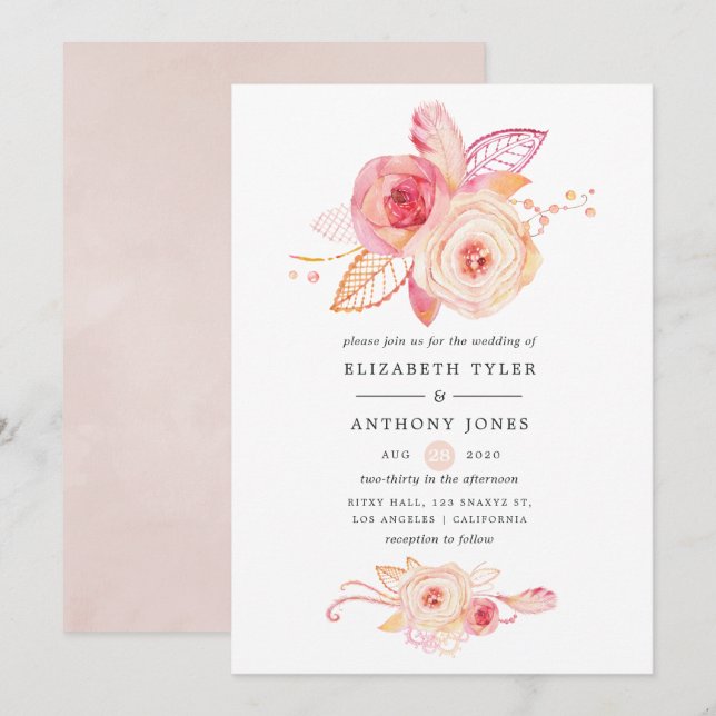Invitación Pastel Rubor Floral y Boda de encaje (Anverso / Reverso)