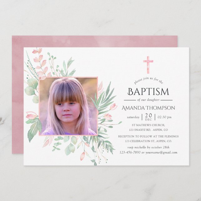 Invitación Pastel Rubor Greenerenersm Baptism o Christening (Anverso / Reverso)