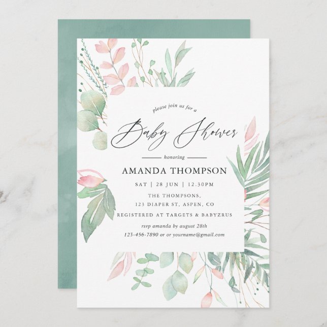 Invitación Pastel Rubor Greenery Baby Shower (Anverso / Reverso)