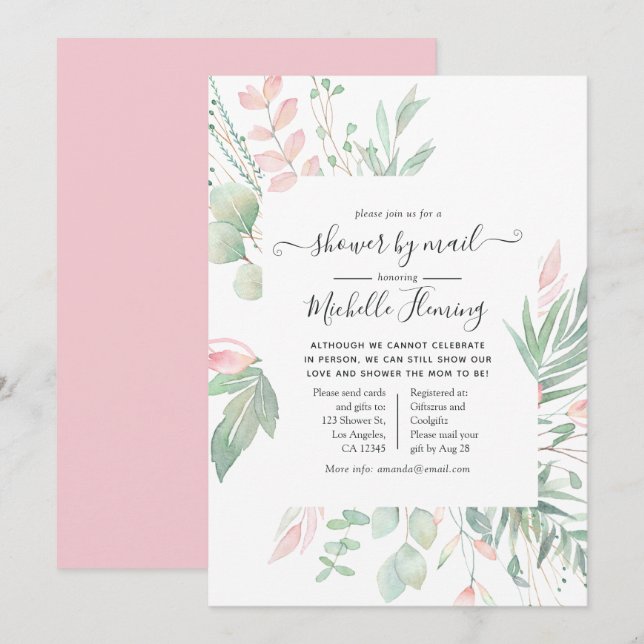 Invitación Pastel Rubor Greenery Baby Shower por correo (Anverso / Reverso)