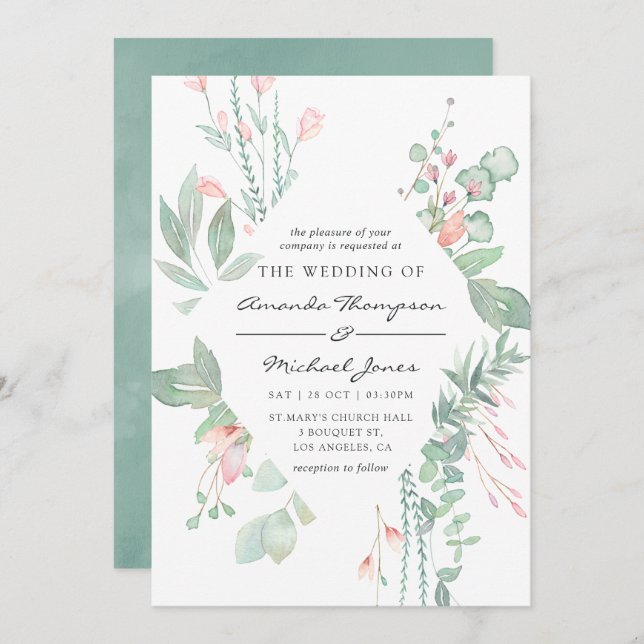 Invitación Pastel Rubor Greenery Boda (Anverso / Reverso)