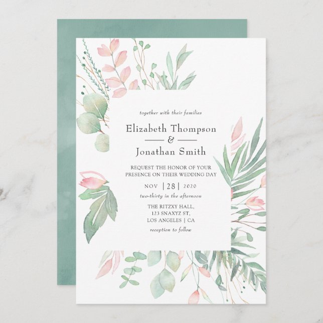 Invitación Pastel Rubor Greenery Boda (Anverso / Reverso)