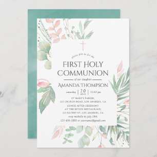 Invitación Pastel Rubor Greenery First Holy Communia