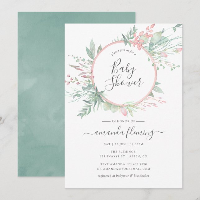 Invitación Pastel Rubor Greenery Geometric Baby Shower (Anverso / Reverso)