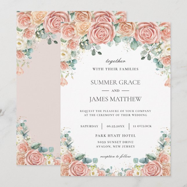 Invitación Pastel Rubor Peach Ivory Floral Rosas Boda (Anverso / Reverso)