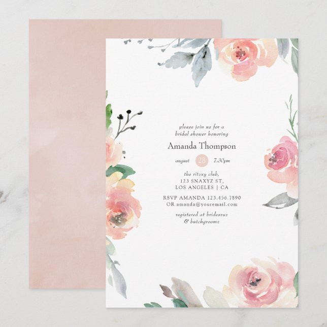 Invitación Pastel Rubor Pink Floral Bridal Shower (Anverso / Reverso)