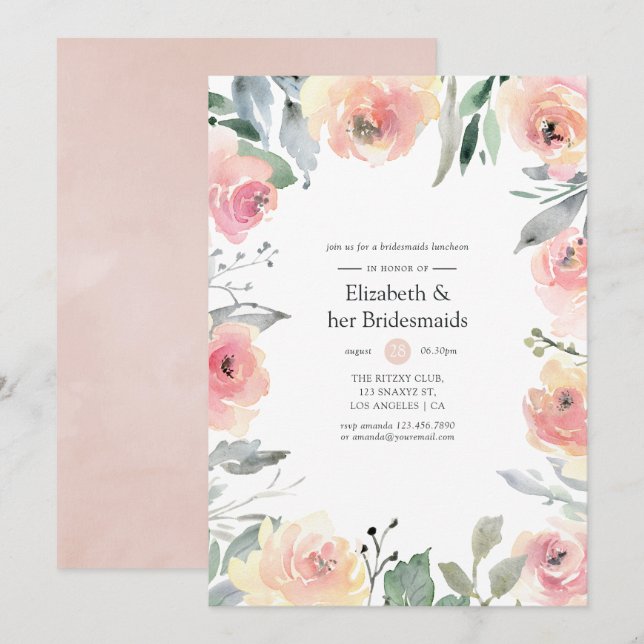 Invitación Pastel Rubor Pink Floral Bridesmaids Luncheon (Anverso / Reverso)