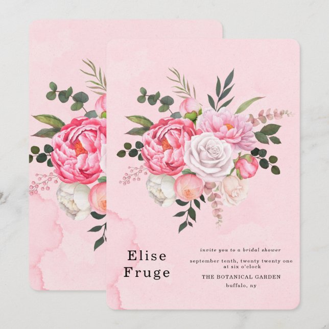 Invitación Pastel Rubor Pink White Peony Shower (Anverso / Reverso)