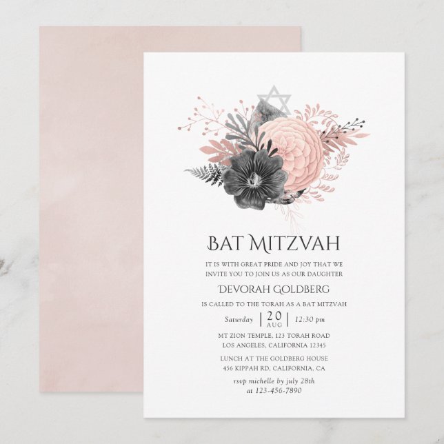 Invitación Pastel Rubor Rosado y Carbón Floral Mitzvah (Anverso / Reverso)