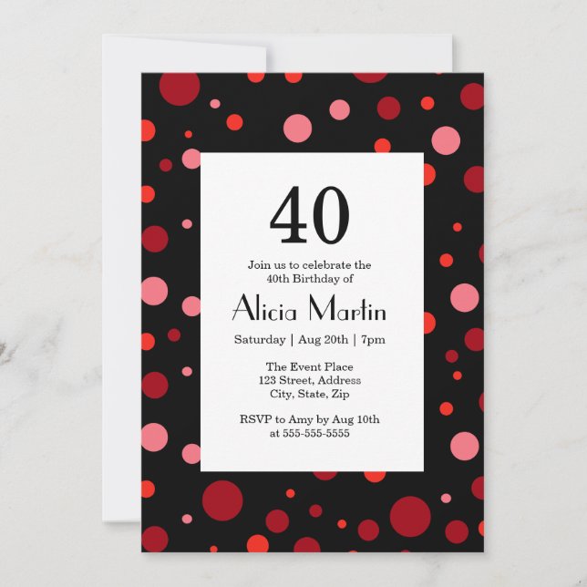 Invitación Pastel Ruby Cranberry Polka Dot Negro 40 Cumpleaño (Anverso)
