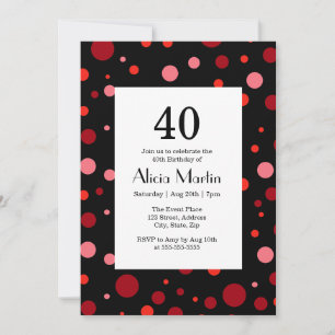 Invitación Pastel Ruby Cranberry Polka Dot Negro 40 Cumpleaño
