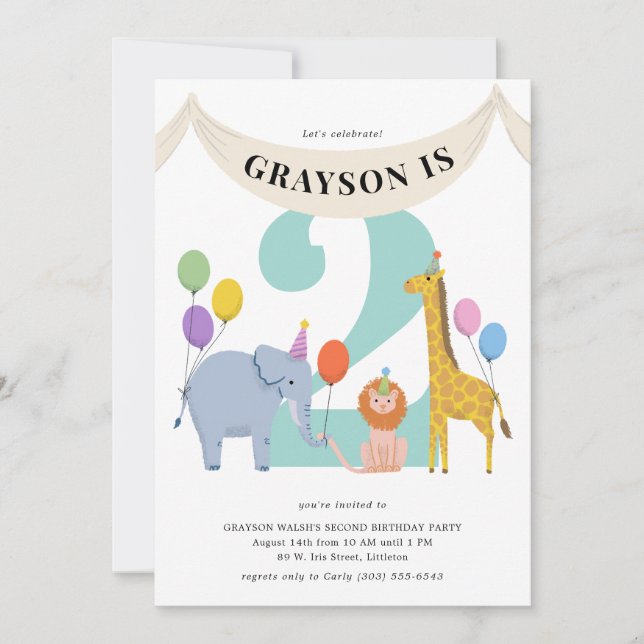 Invitación Pastel Safari Animales Niños Fiesta de Cumpleaños (Anverso)