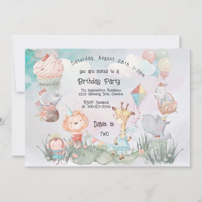 Invitación Pastel Safari Animales Personalizados Fiesta de Cu (Anverso)