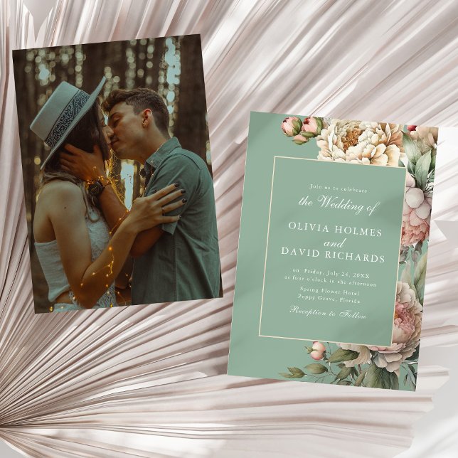 Invitación Pastel Sage y Rubor Peony Personalizado Photo Boda (Pastel Sage & Blush Peony Custom Photo Wedding Invitation on a sunny neutral dry palm leaf.)