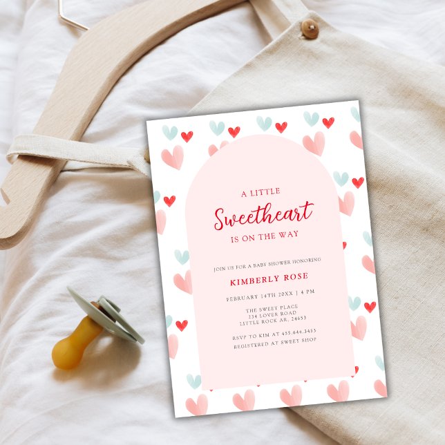 Invitación Pastel SCariño Arch Valentines Baby Shower (Pastel Sweetheart Arch Valentines Baby Shower Invitation)