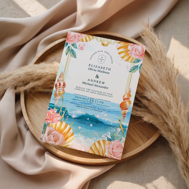 Invitación Pastel Seashell Coastal Waters Wedding (Subido por el creador)