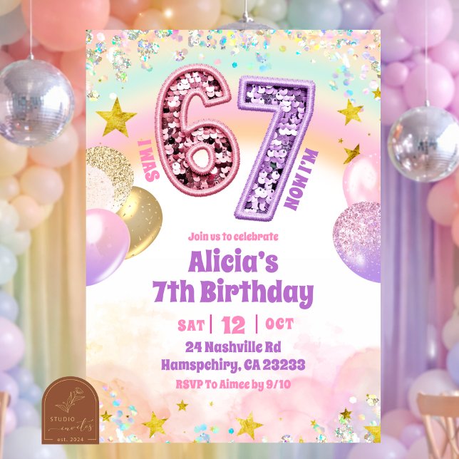 Invitación Pastel Sequin Glitter 67 Girl  Birthday (Subido por el creador)