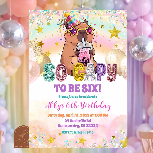 Invitación Pastel Sequin Glitter Capybara Birthday Invitation (Subido por el creador)