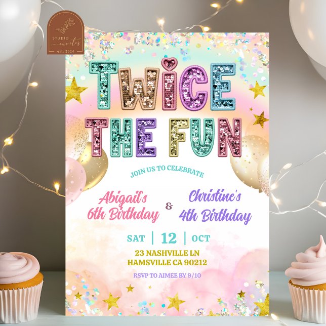 Invitación Pastel Sequin Glitter Double Birthday (Subido por el creador)