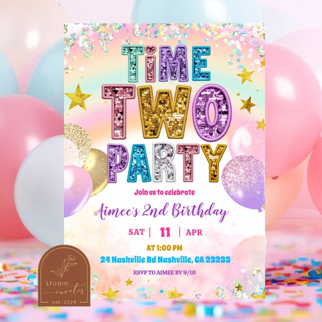 Invitación Pastel Sequin Glitter Time TWO Party Invitation (Subido por el creador)
