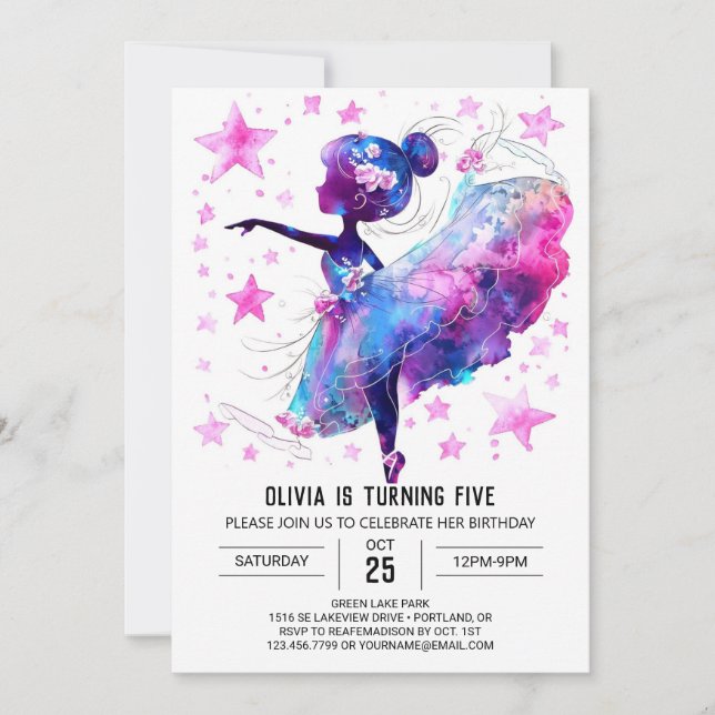 Invitación Pastel Simple Ballerina Cumpleaños (Anverso)