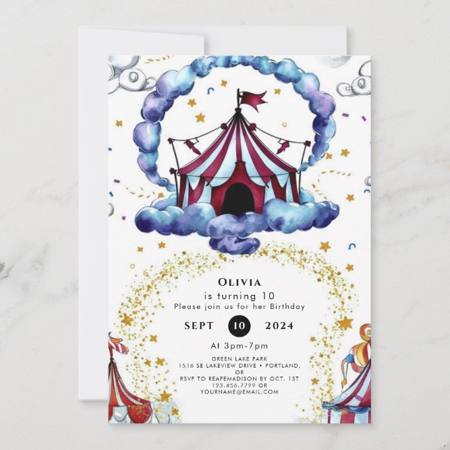 Invitación Pastel Simple Circo Cumpleaños (Anverso)
