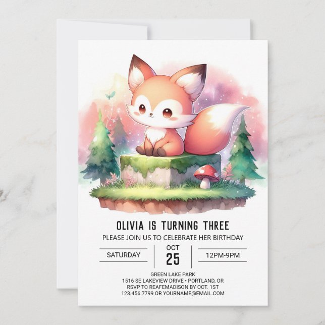 Invitación Pastel Simple Fox Birday digital (Anverso)