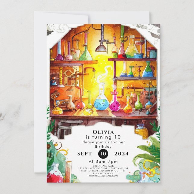 Invitación Pastel Simple Fun Scientiday Cumpleaños (Anverso)