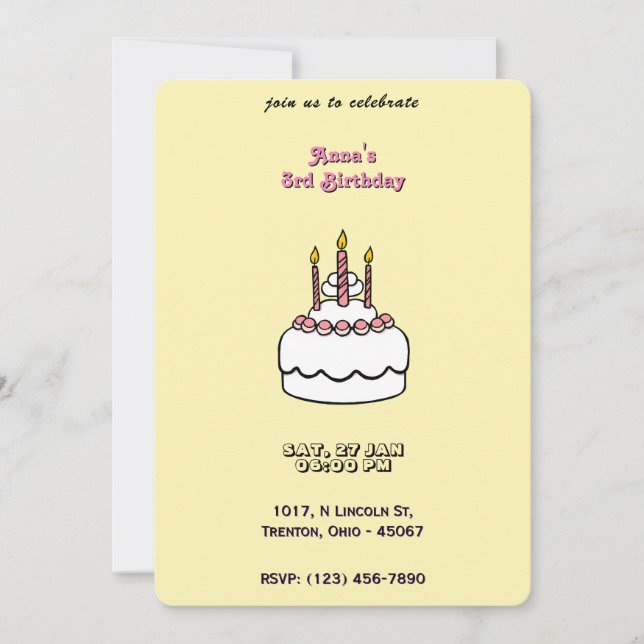 Invitación Pastel simple pastel de cumpleaños con velas (Anverso)