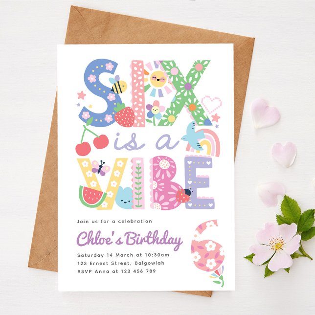 Invitación Pastel Sixth Birthday Invite Girl, Six is the Vibe (Subido por el creador)