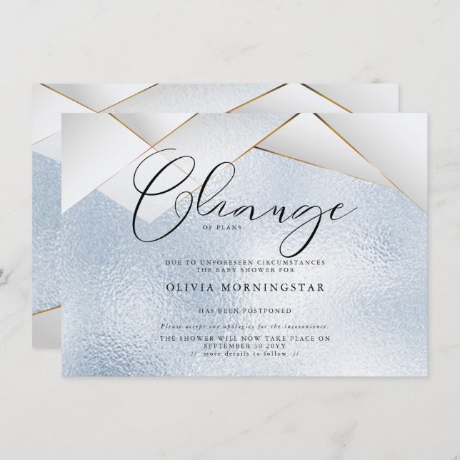 Invitación Pastel Sky Blue Pearl Facets Postponed Ducha (Anverso / Reverso)