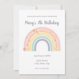 Invitación Pastel Smiling Floral Rainbow Kids Birthday